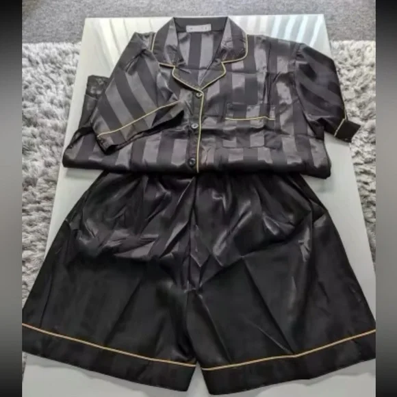 Women Elegant Lounge Set Satin Striped Button Up short Sleeve Shirt&Pants PJ - Picture 1 of 4